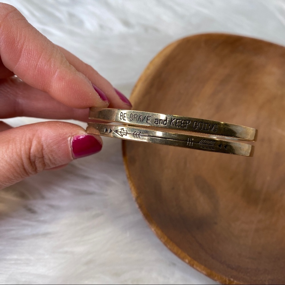 Gold Tone Bangle Engraved BE BRAVE and KEEP GOING With Arrow Design Below OS